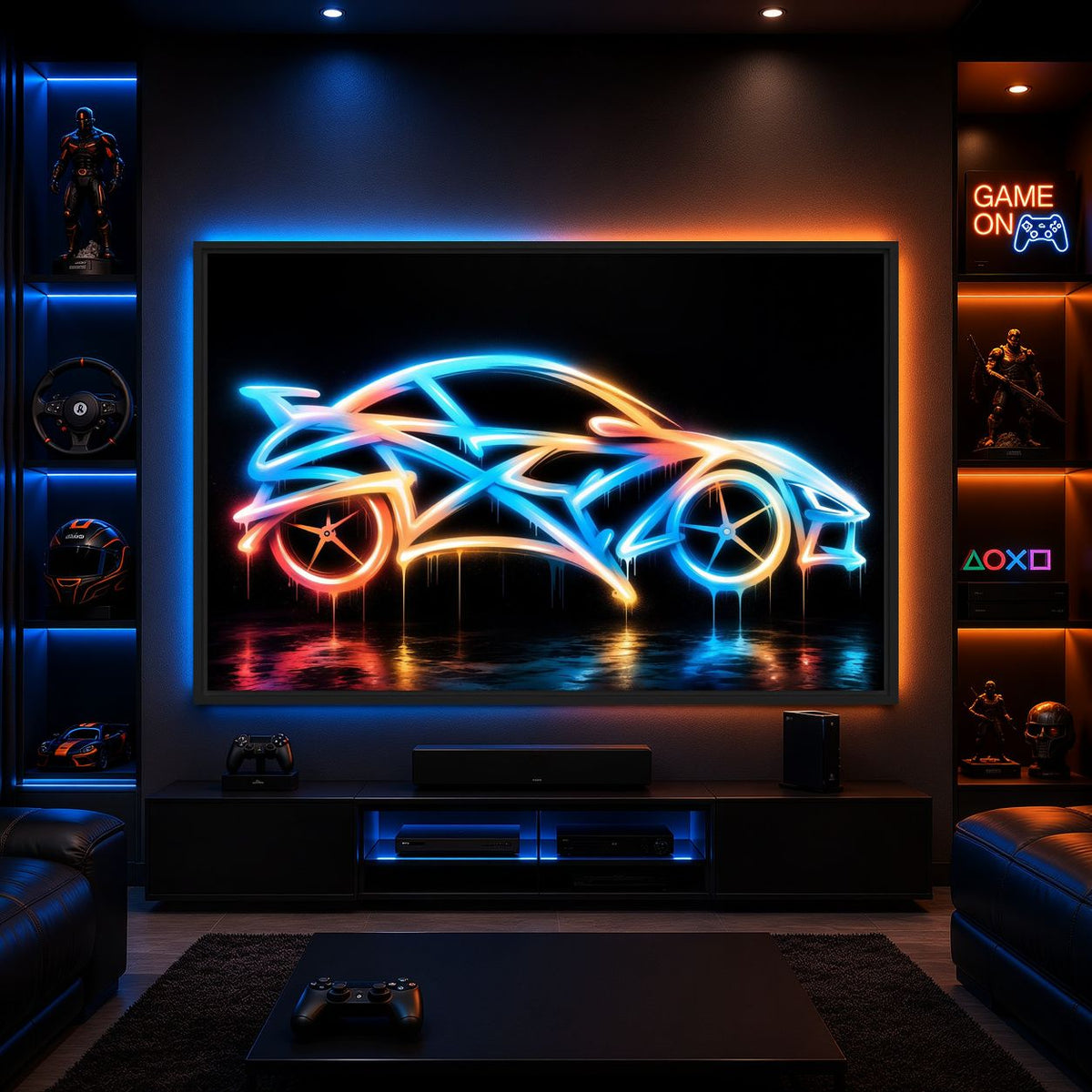 Neon sports car canvas room mockup in a dark media room with blue and orange shelf lighting