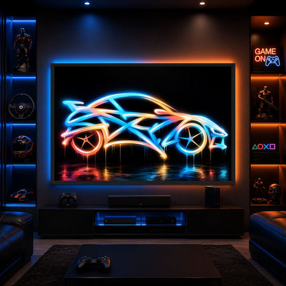 Neon sports car canvas room mockup in a dark media room with blue and orange shelf lighting