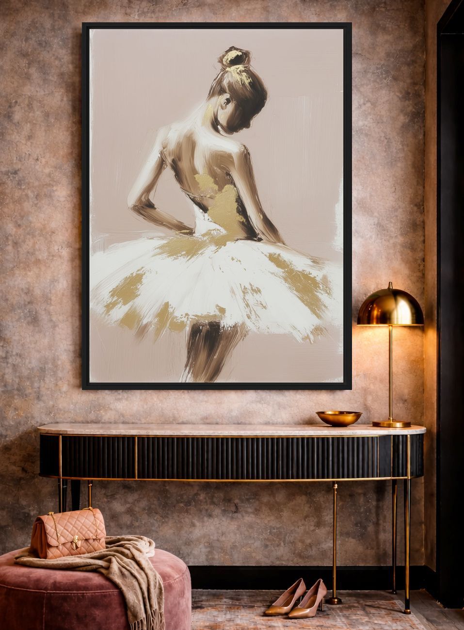 Neutral Gold Ballerina Wall Art Framed Canvas