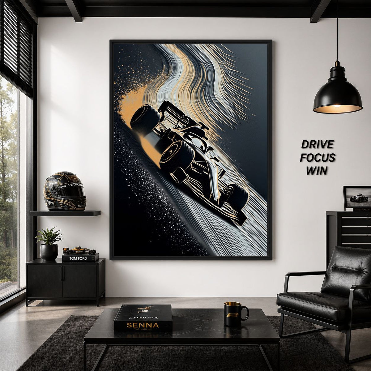 Racing car canvas in a monochrome lounge with a helmet and dark seating