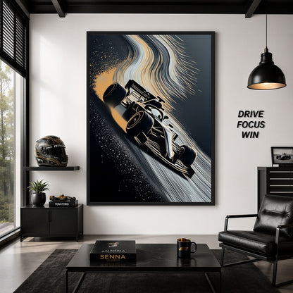 Racing car canvas in a monochrome lounge with a helmet and dark seating