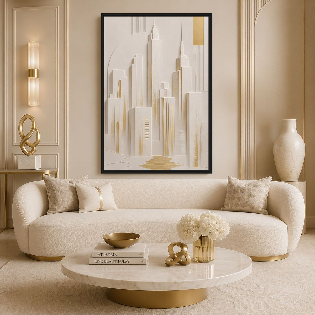 Golden Manhattan skyline canvas above a curved cream sofa