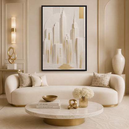 Golden Manhattan skyline canvas above a curved cream sofa
