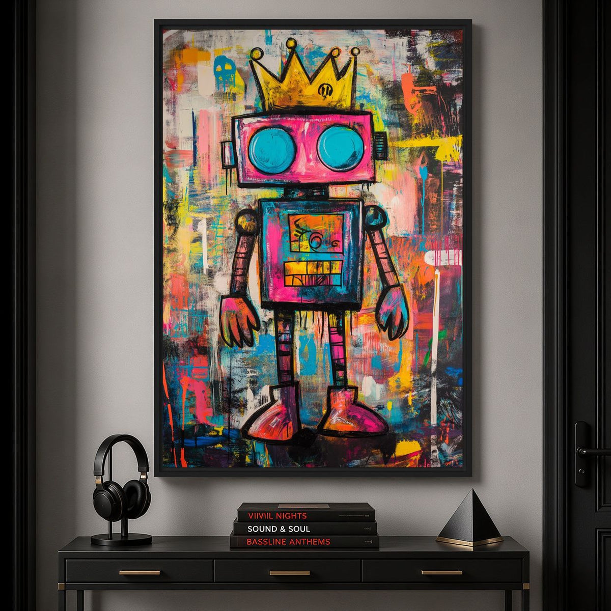 Music-room mockup of crowned robot artwork above a black console with headphones and stacked books