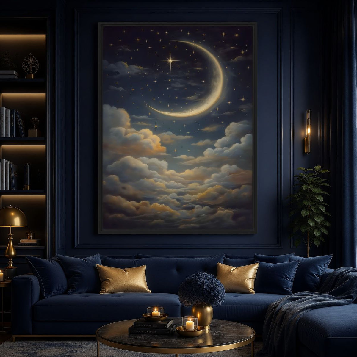 Crescent moon artwork above a navy sofa with gold-toned cushions
