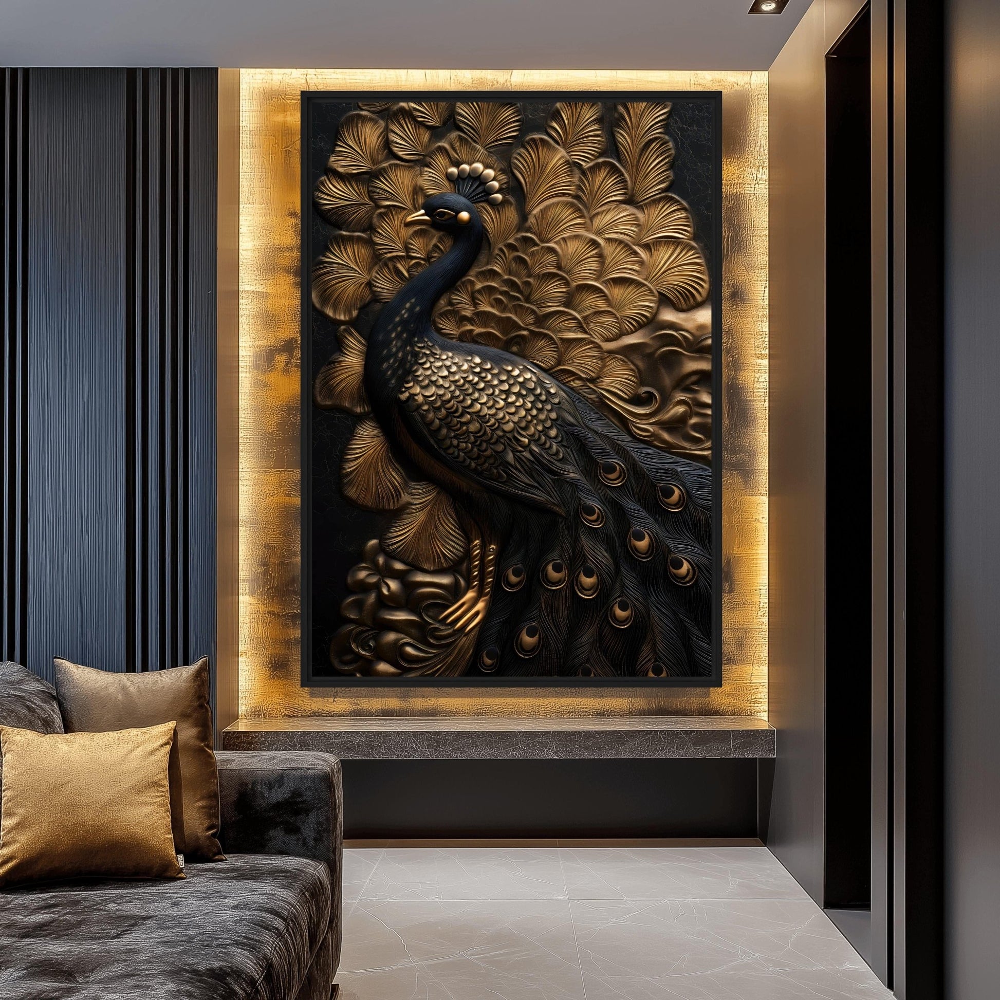 Majestic Peacock Wall Art Framed Canvas