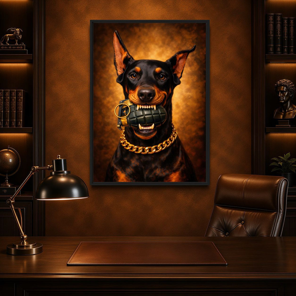 Doberman With Grenade Framed Canvas
