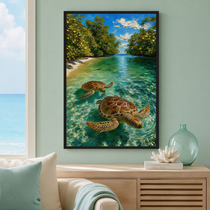 Tropical Sea Turtle Wall Art Framed Canvas