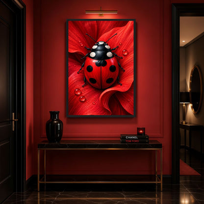 Ladybug canvas above a dark console against a red hallway wall