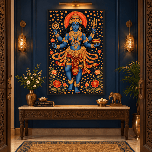 Entryway mockup of blue goddess artwork above a carved wood console, with gold-toned hanging lights and flowers