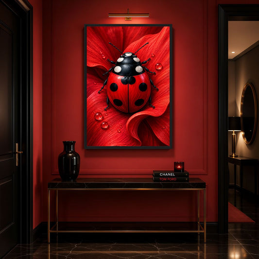 Ladybug canvas above a dark console against a red hallway wall