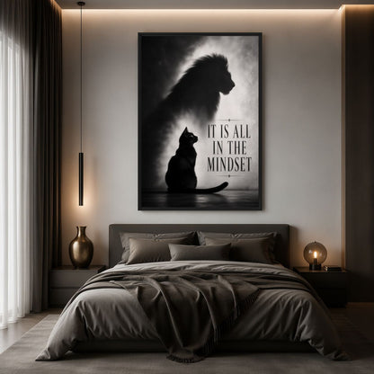 Cat and lion-shadow print above a grey bed in a neutral bedroom