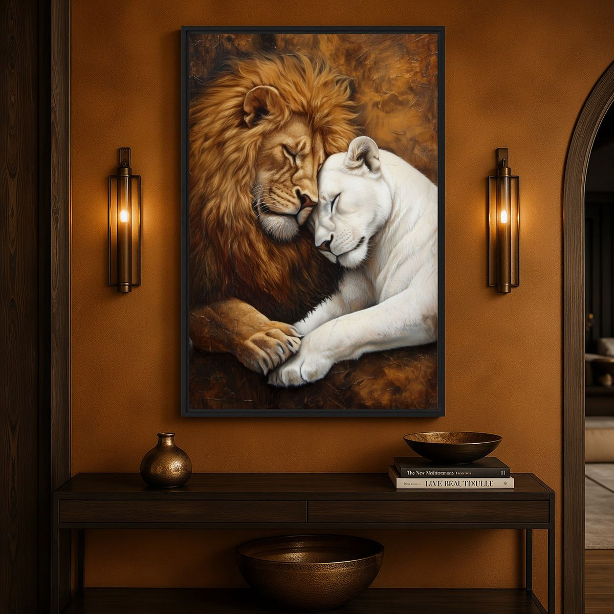 Lion and Lioness Romantic Wildlife Framed Canvas