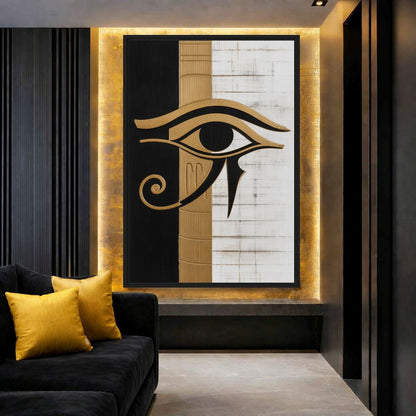 Eye of Horus print on an illuminated wall panel beside a black chair and yellow cushion