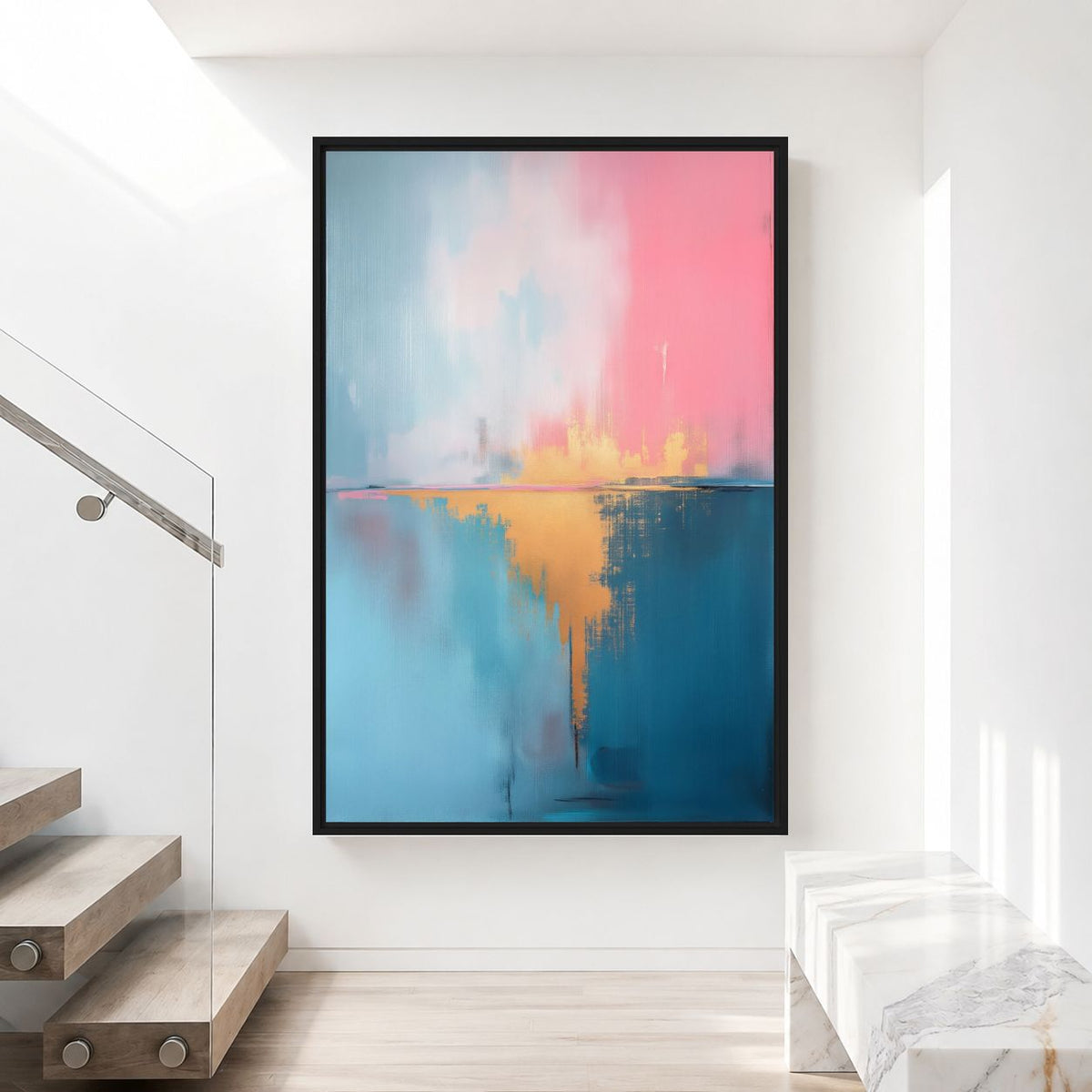 Pink-blue abstract canvas on a bright stair landing