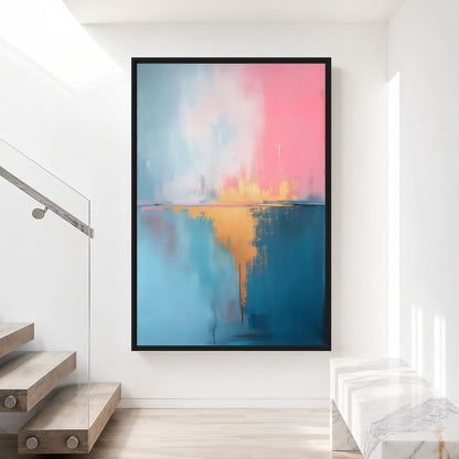 Pink-blue abstract canvas on a bright stair landing