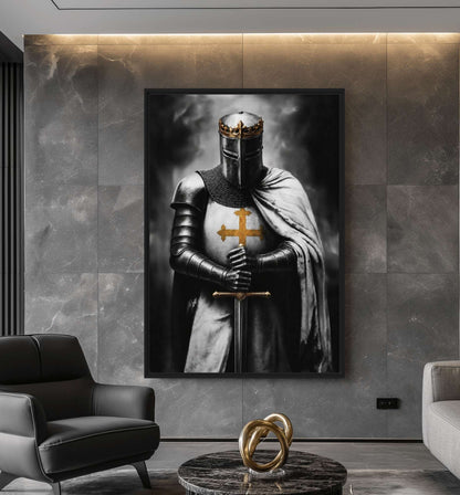 Knight portrait on a grey stone-effect wall beside dark lounge seating