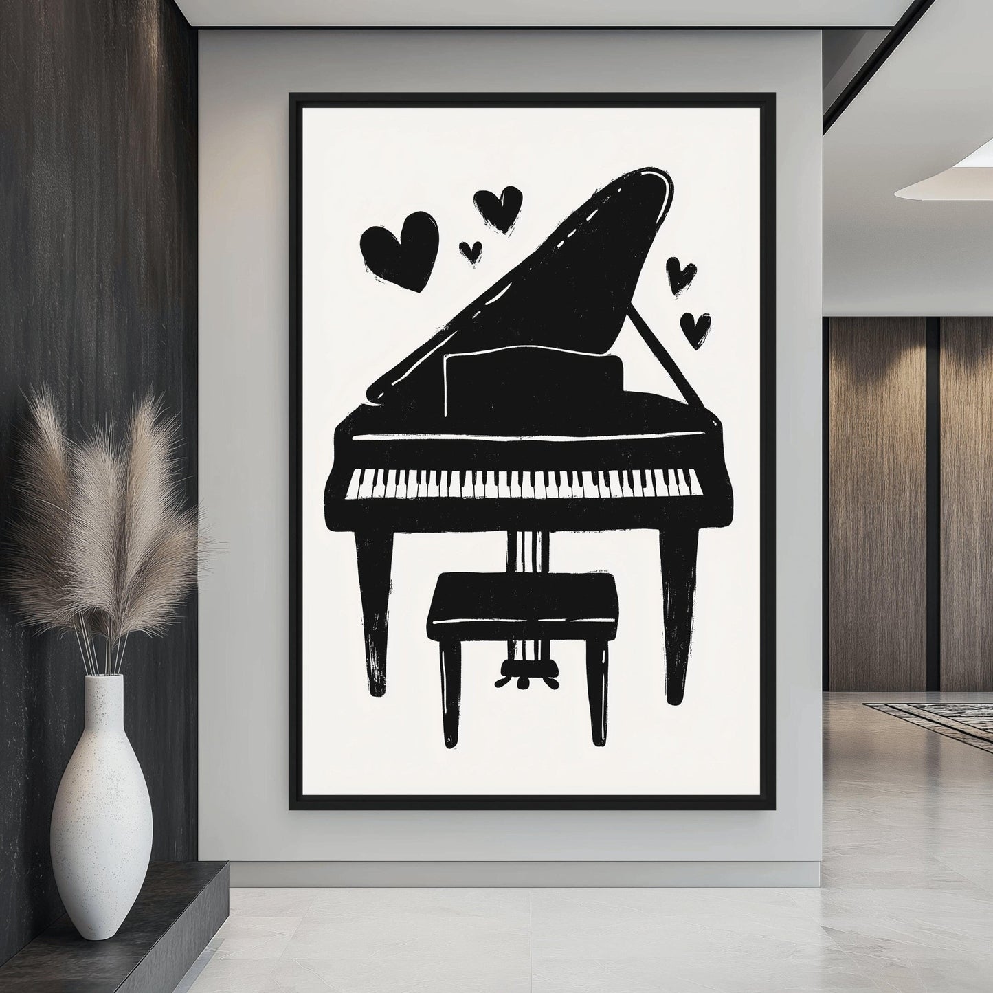 Black And White Piano Minimalist Art Framed Canvas