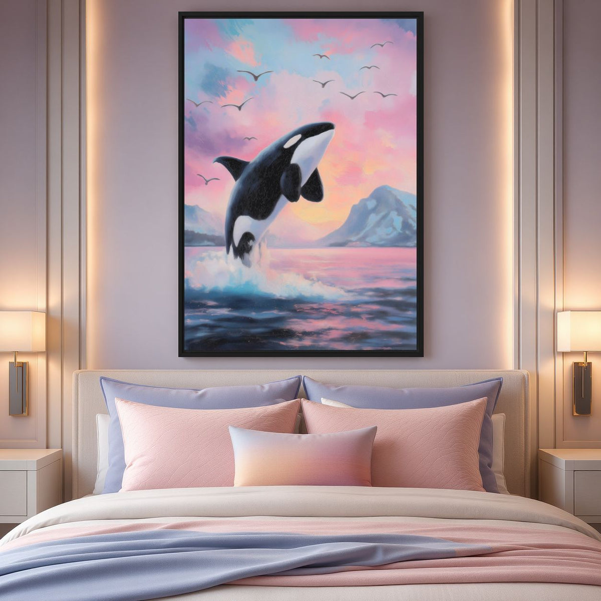Leaping orca artwork above a bed with pink and pale blue bedding