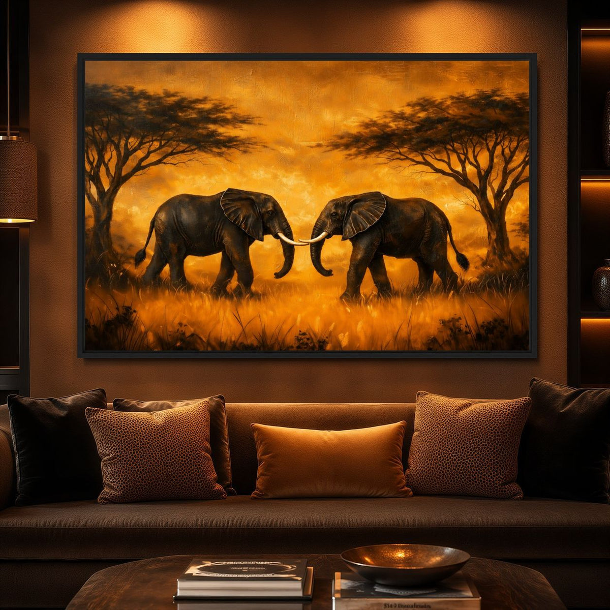 African Safari Elephant Wall Art Framed Canvas