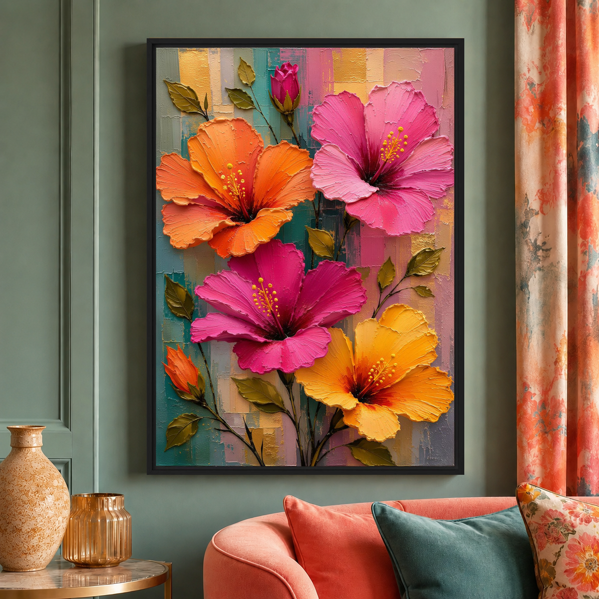 Hibiscus Flower Wall Art Framed Canvas