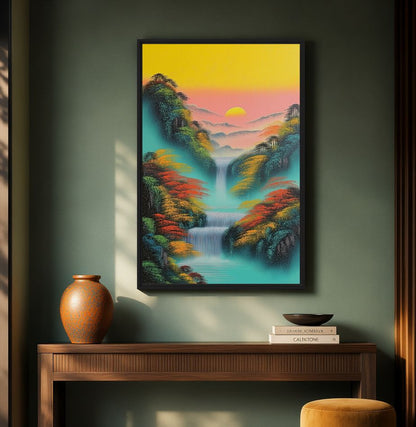 Colourful waterfall canvas above a wooden console with an orange vase