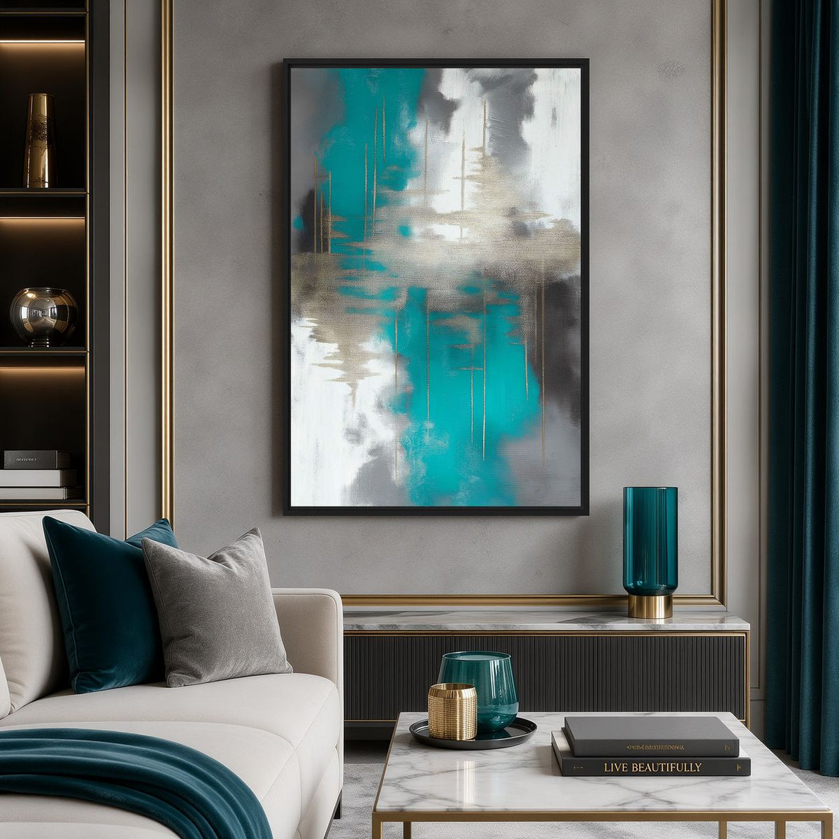 Lounge mockup of teal abstract artwork near a cream sofa and glass coffee table