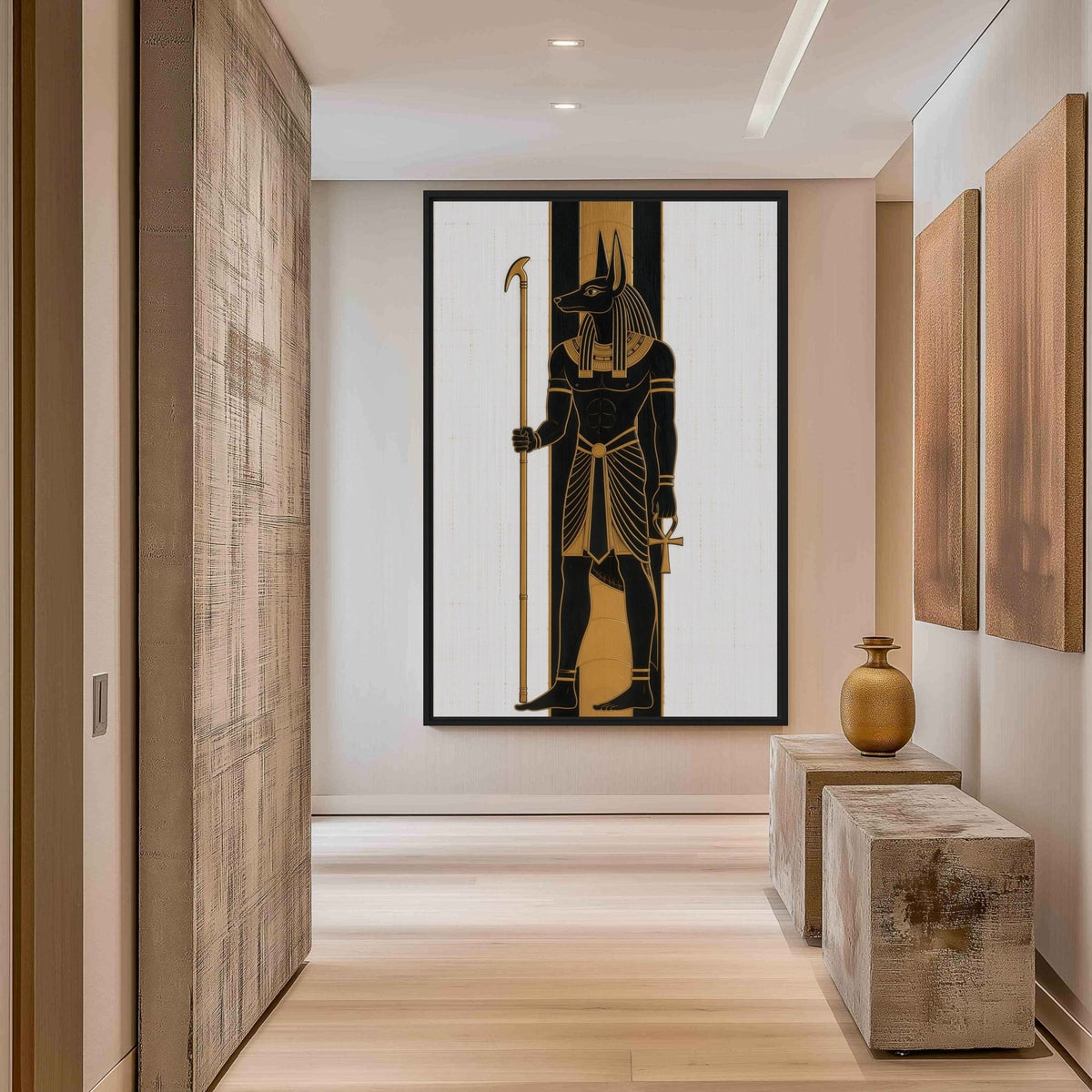 Hallway mockup of Anubis artwork at the end of a pale corridor above a stone console