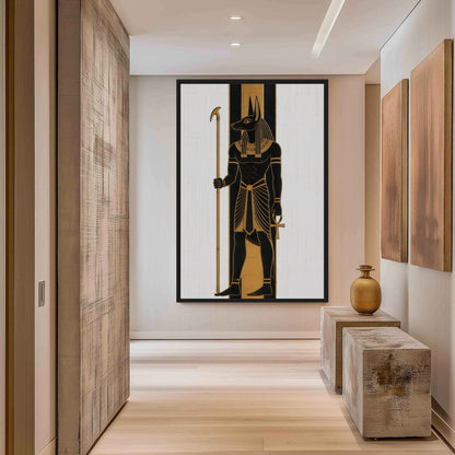 Hallway mockup of Anubis artwork at the end of a pale corridor above a stone console