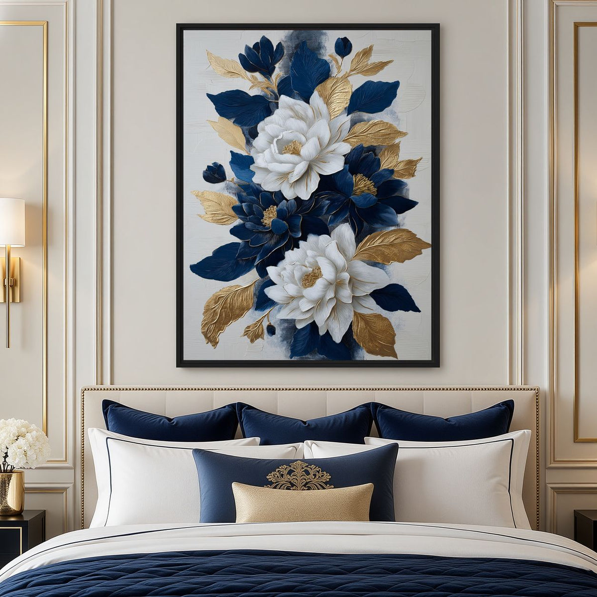 Bedroom mockup of floral artwork above navy and white pillows