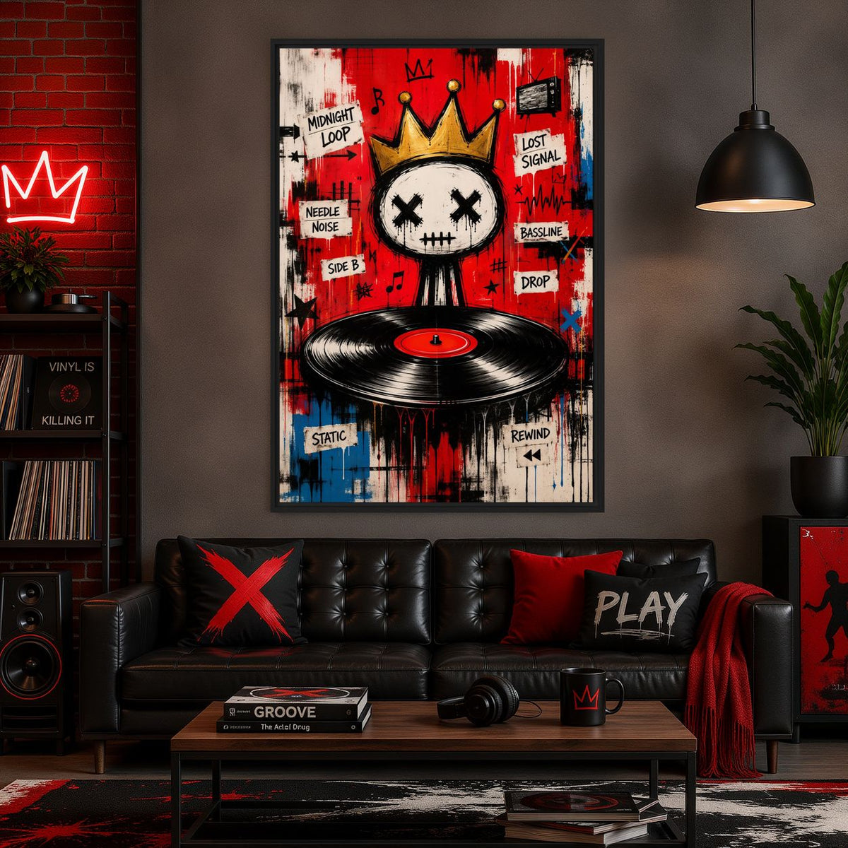 Lounge mockup of the red graffiti artwork above a black sofa with music books and headphones
