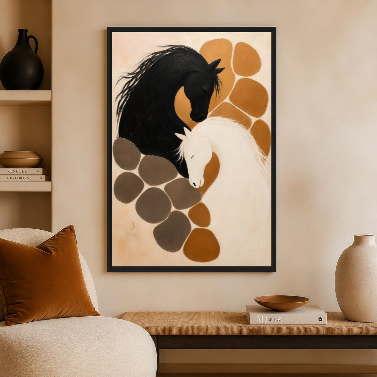 Room mockup of horse artwork above a wooden ledge beside cream seating and an ochre cushion