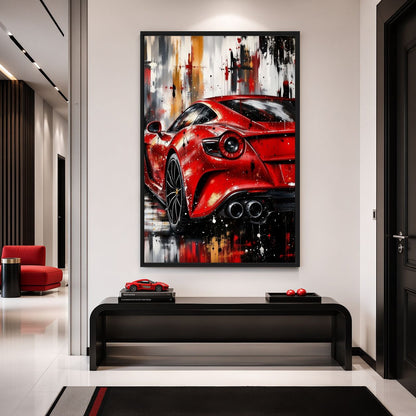 Red sports car wall art in a black frame above a black console in a cream hallway