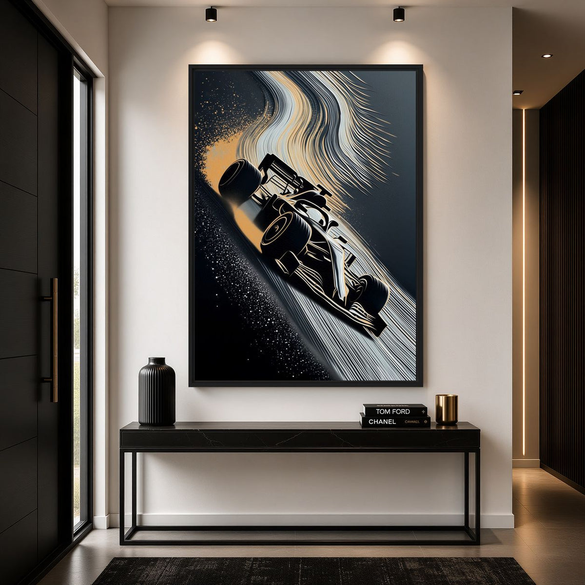 Racing car canvas above a slim console in a bright modern hallway