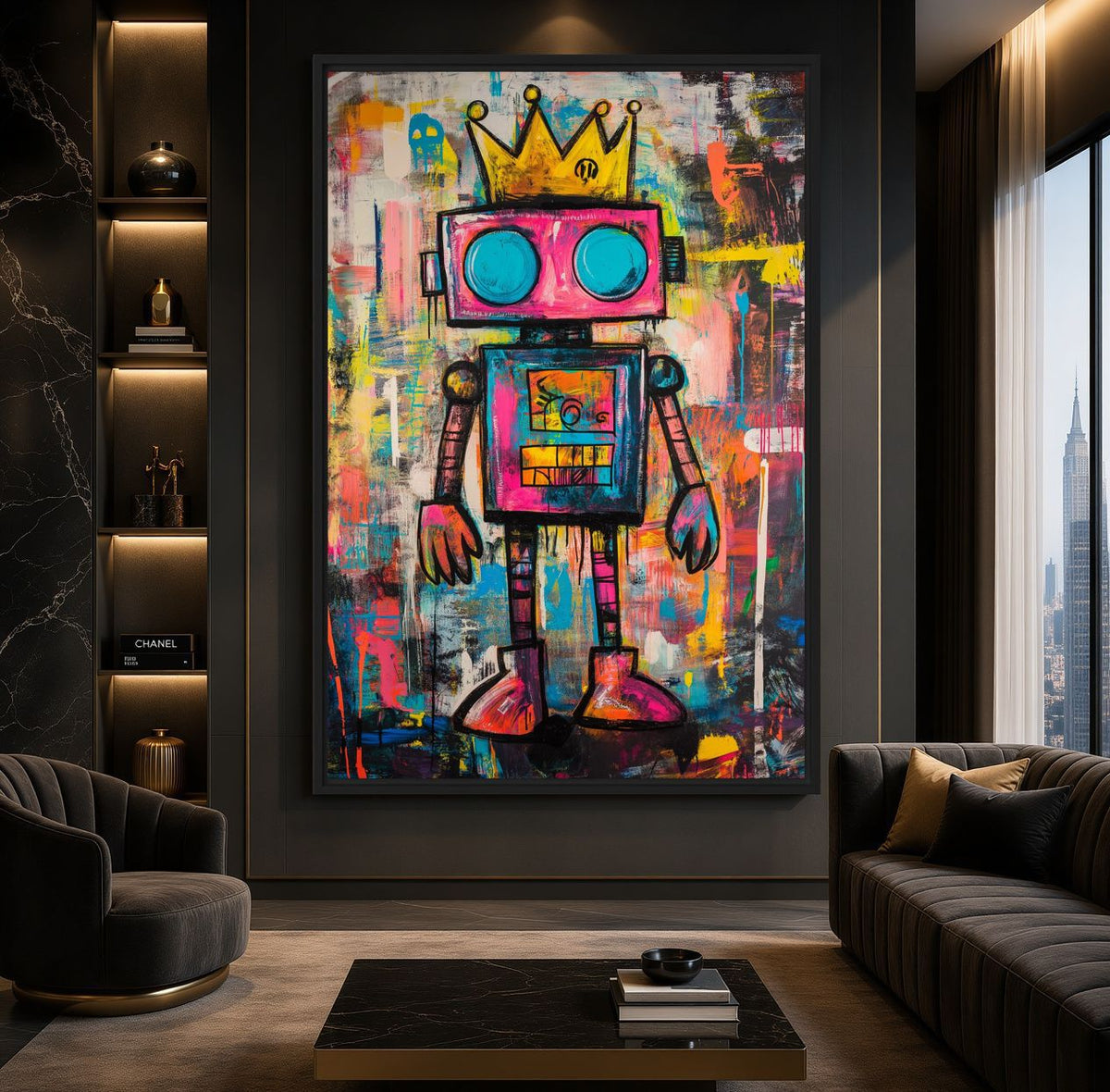 Dark lounge mockup of crowned robot artwork between lit shelves above a seating area and low coffee table