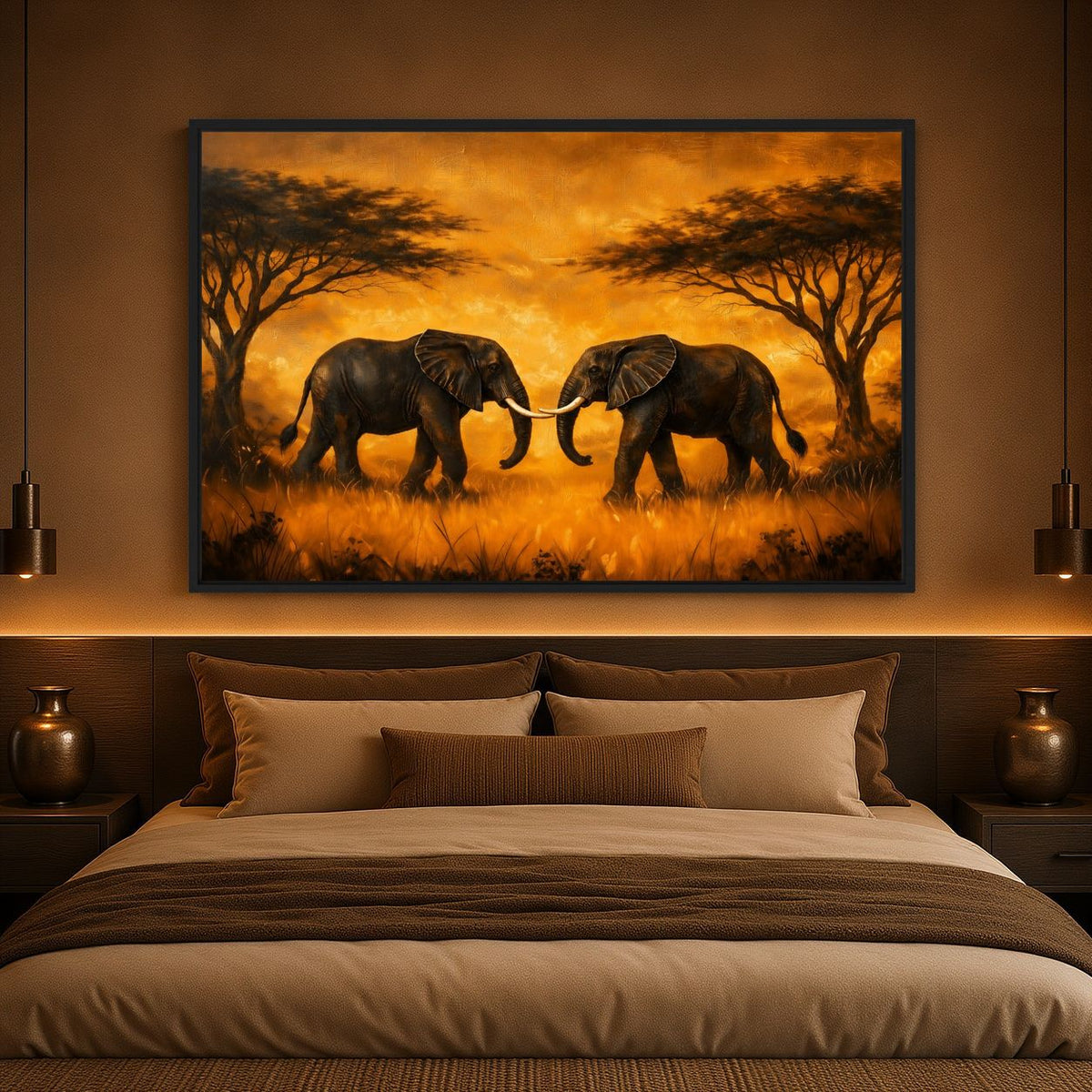 African Safari Elephant Wall Art Framed Canvas