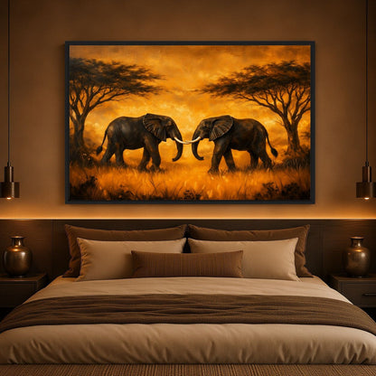 African Safari Elephant Wall Art Framed Canvas