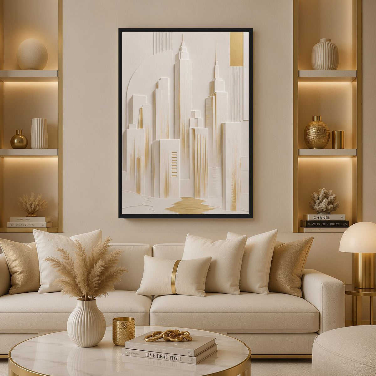 Ivory cityscape canvas above a cream sofa between display shelves