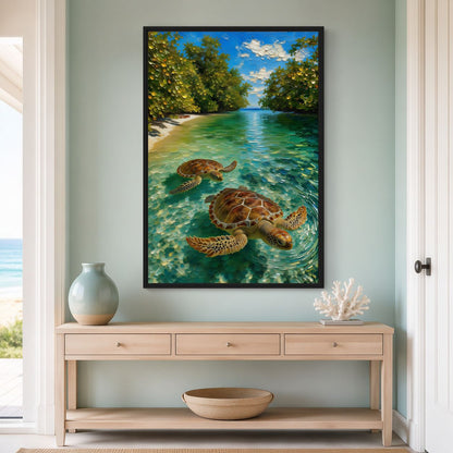 Tropical Sea Turtle Wall Art Framed Canvas