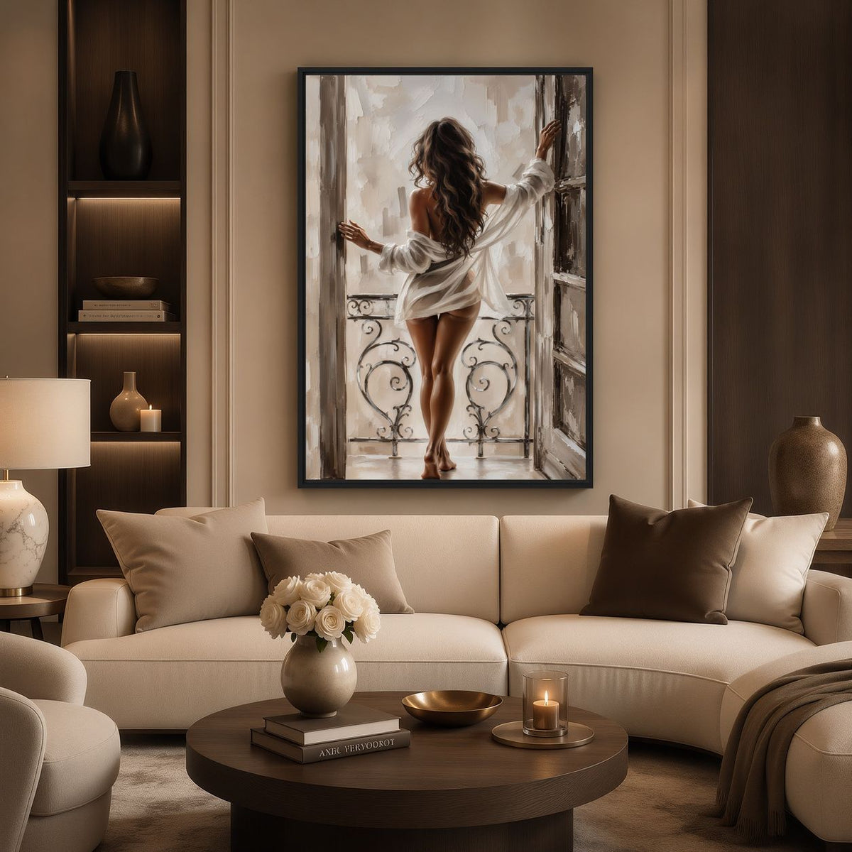 Balcony figure artwork above a cream sofa with neutral cushions