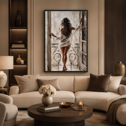 Balcony figure artwork above a cream sofa with neutral cushions