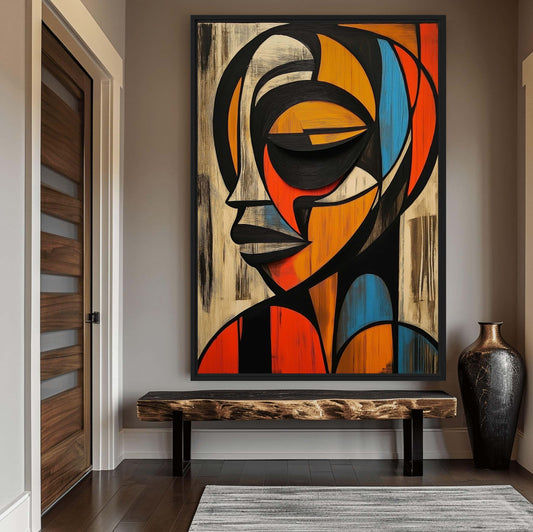 Hallway mockup of a geometric orange and blue portrait above a natural wood bench