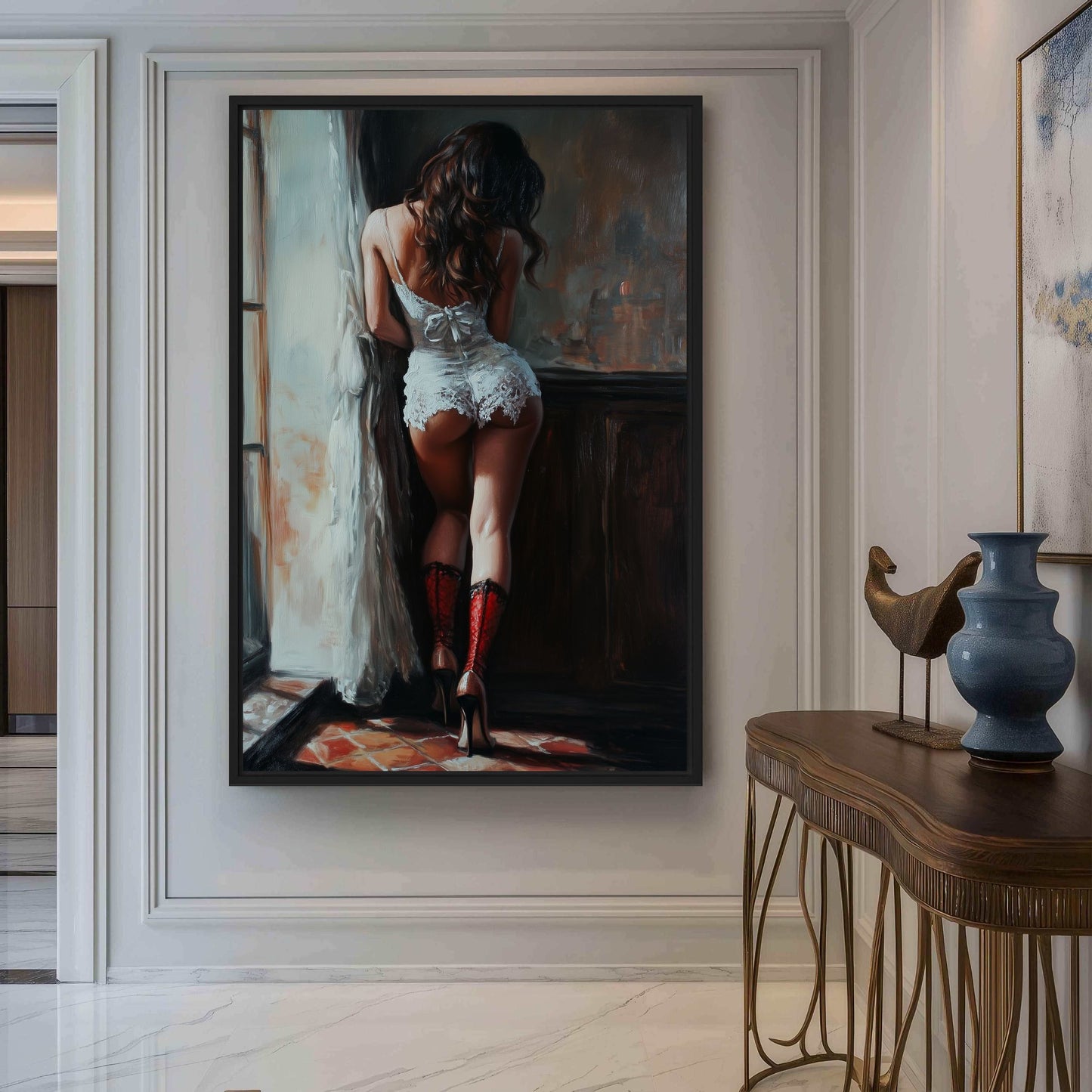 Woman In Lingerie Sensual Art Framed Canvas - PaintFu