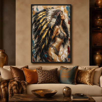 Feather Headdress Woman Western Art Framed Canvas