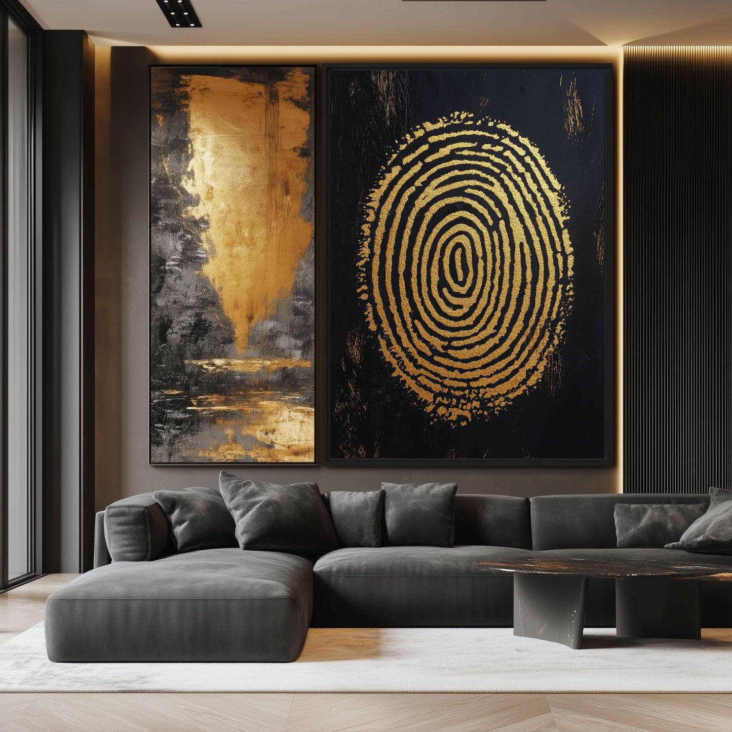 Finger Print Modern Art Black Gold Framed Canvas