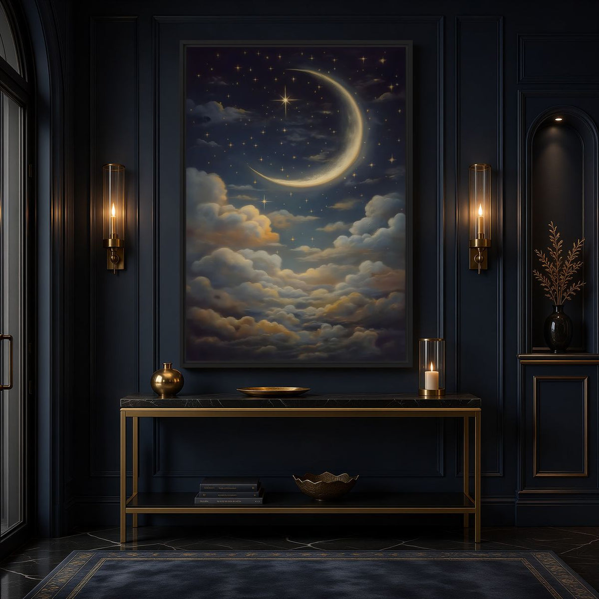 Moon and cloud artwork above a gold-toned console in a dark hallway
