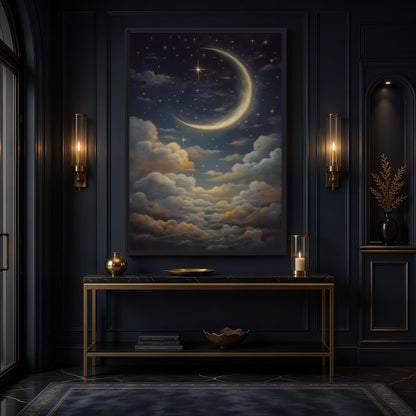 Moon and cloud artwork above a gold-toned console in a dark hallway