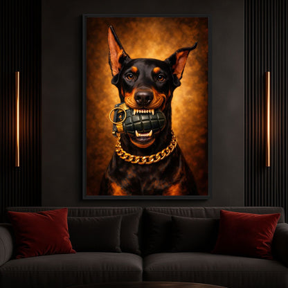 Doberman With Grenade Framed Canvas