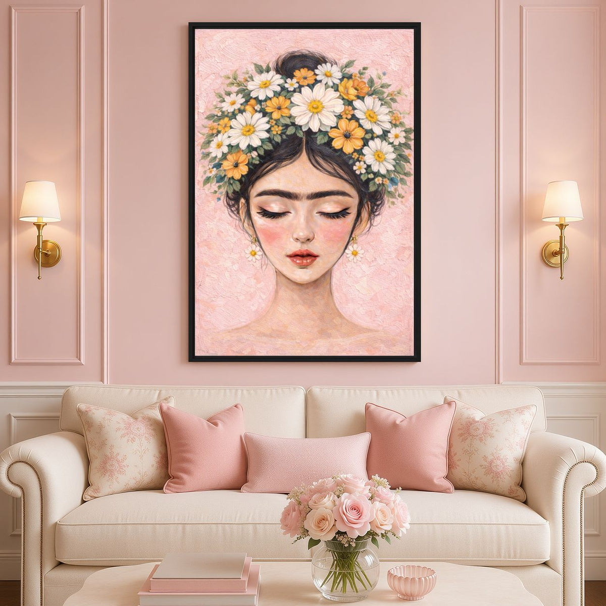 Frida Kahlo Floral Art Framed Canvas