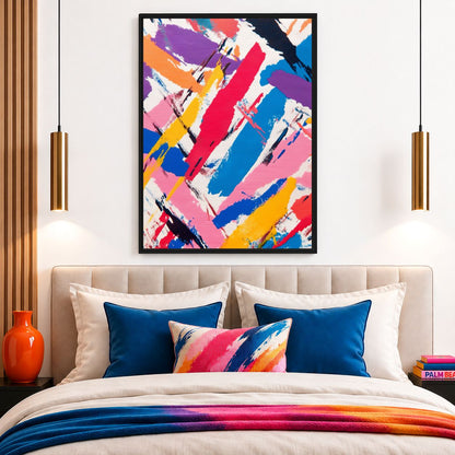 Colourful brushstroke canvas above a cream bed with bright blue cushions